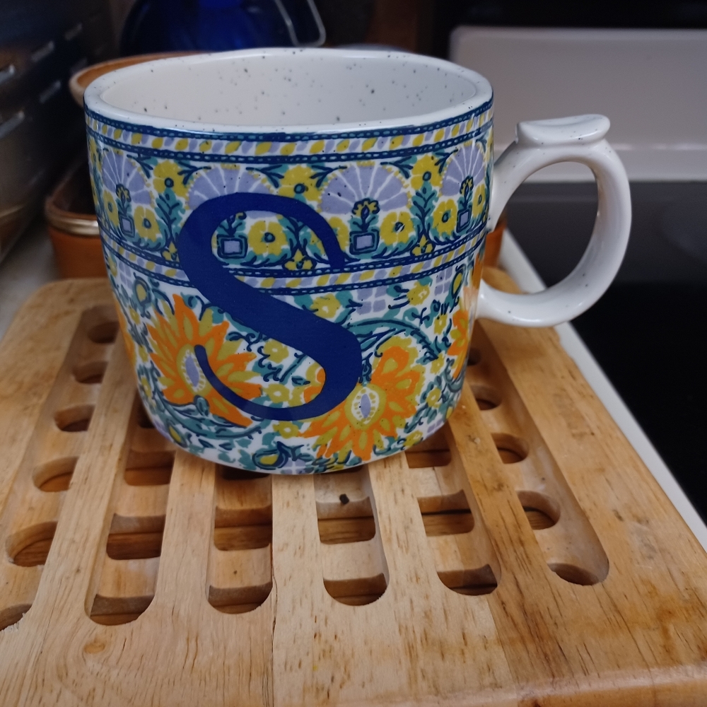 Anthropologie S Monogram Block Print Floral Coffee Mug New